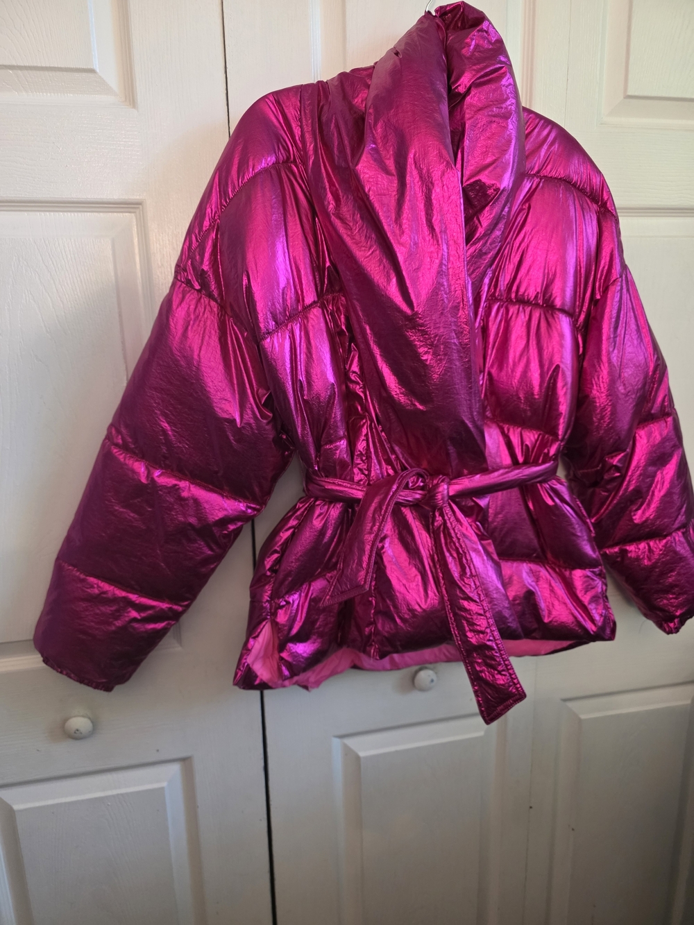 Metallic Fuchsia Belted Puffer Jacket - Women's Coat